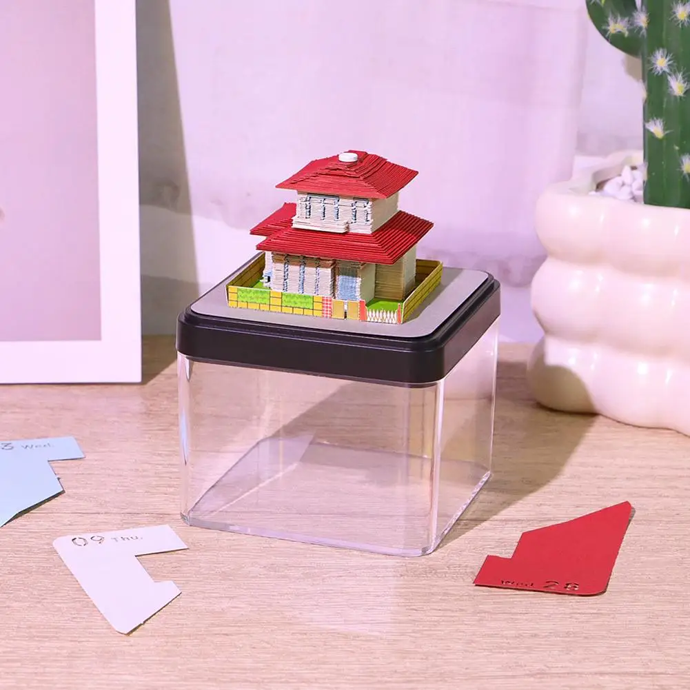 

360 ° Панорамная бумажная скульптура, календарь, коттедж, высокое качество футляра для ежедневных заметок с отрывной бумагой, акриловый выключаемый дисплей V0D2