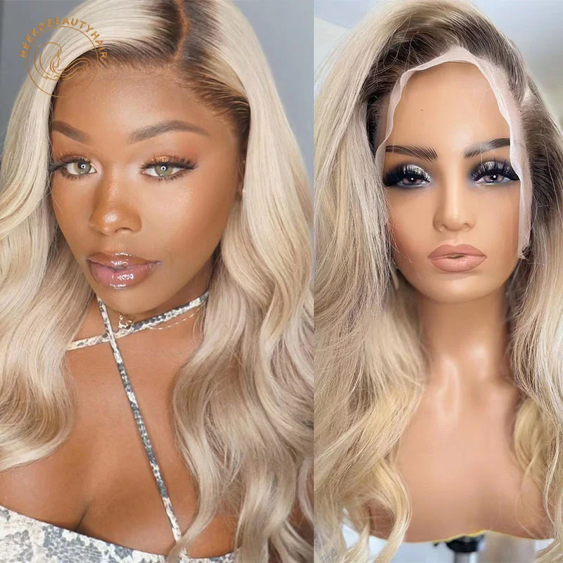 Color 4/613 Ombre Colored Lace Frontal Wigs Dark Root Blonde Wavy 13X4 Lace Front Wig 180% Density Colored Human Hair Body Wave