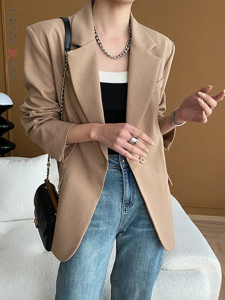 

[LANMREM] Women Notched Blazer Coat Full Sleeve Elegant Office Lady Solid Color Single Breasted Jackets New 2024 Spring 26D8188