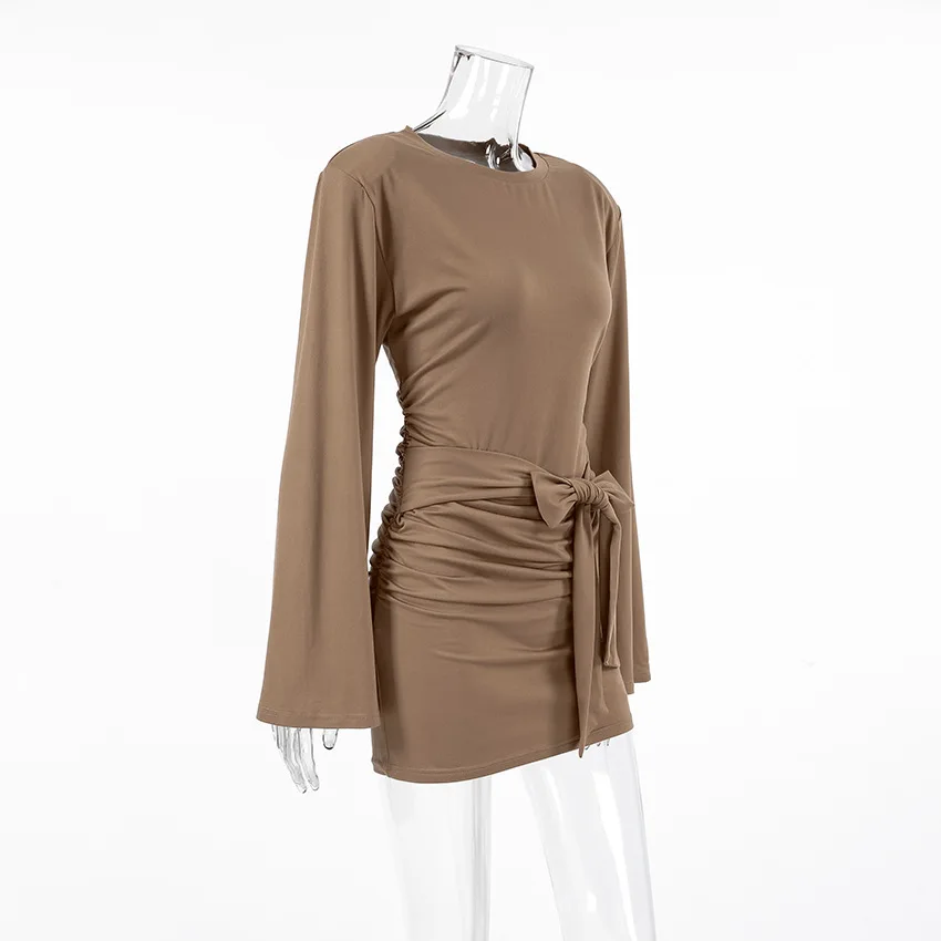 2025 Mocha Sculpting Knit Bodycon Dress Flutter Sleeve & Waist Tie Detail Curve-Flattering Day to Dusk Mini Café Dates to Clubs