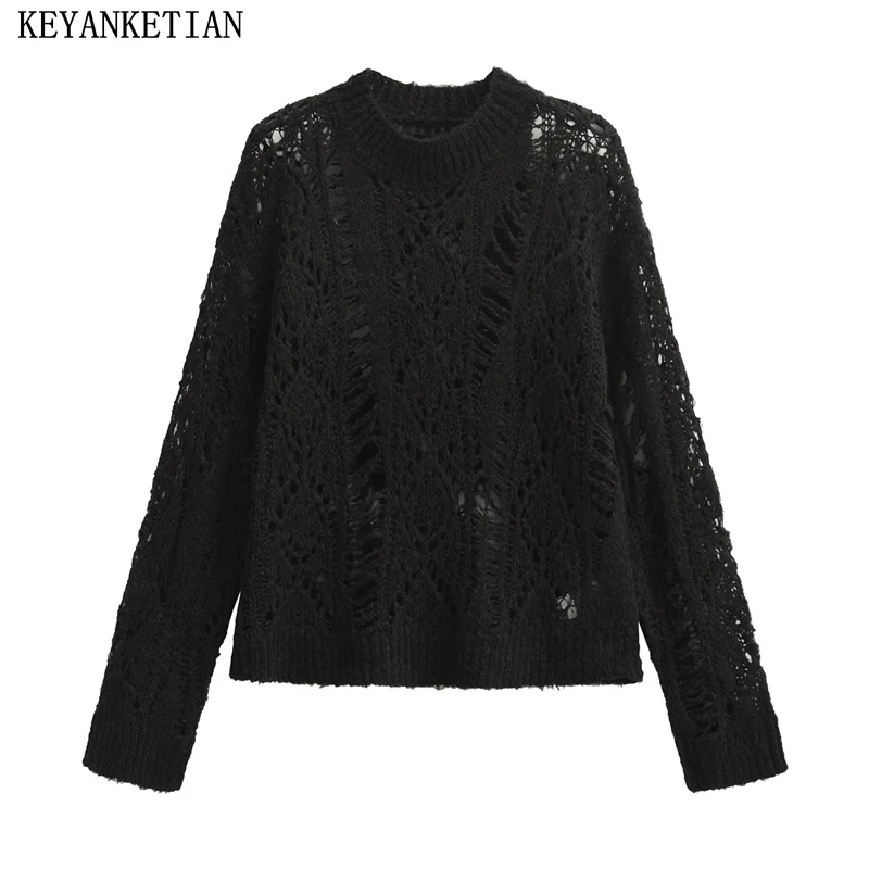 

KEYANKETIAN 2024 New Launch Women's Black Hollow out Thin Knitwear Stylish Chic O-Neck Long Sleeve Loose Sweater Pullover Top