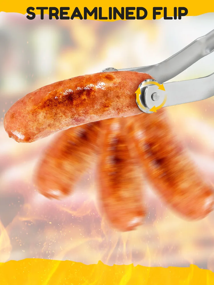 Pince tournante pour saucisses au barbecue, pince de cuisine pour hot-dog, acier inoxydable, longue poignée pour retourner le bacon, la viande, le steak