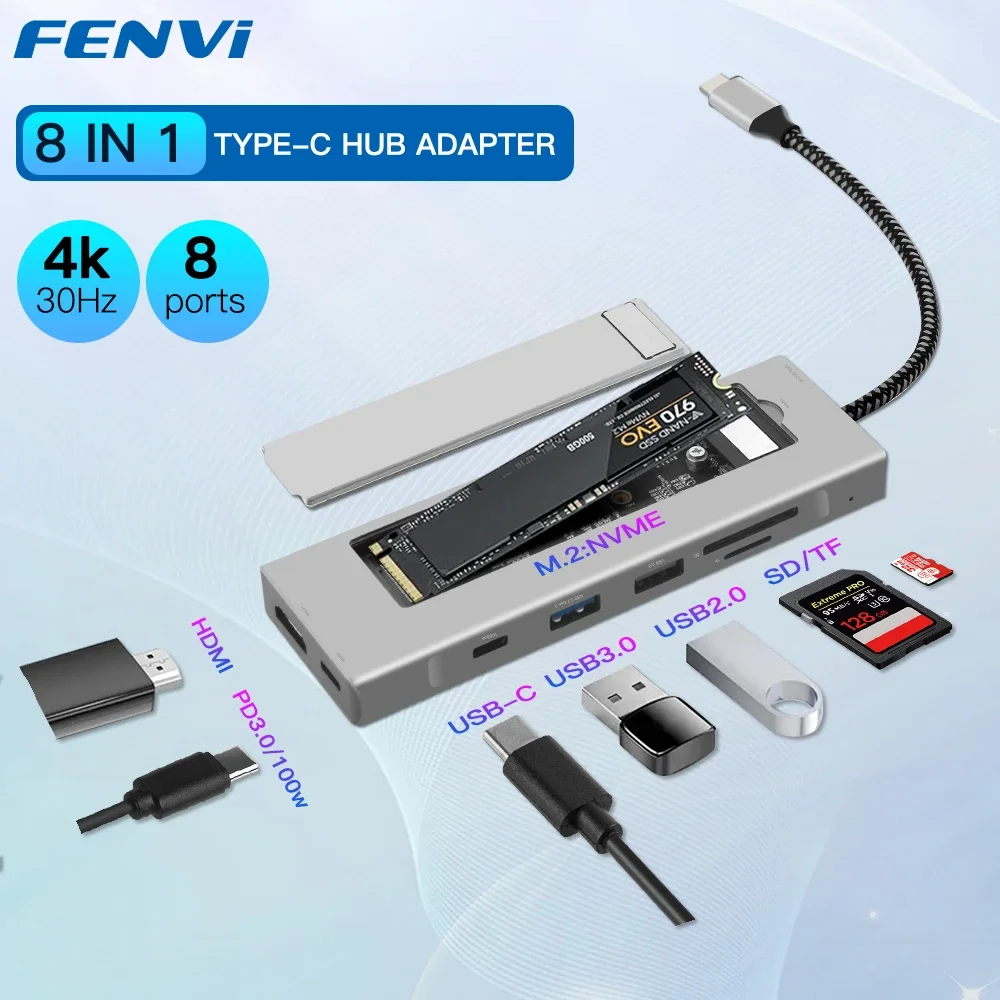 

Fenvi 8 in 1 M.2 NVME SSD Enlcosure Case USB C HUB Type C to SD TF USB 3.0 Dock Station HDMI-Compatible for Laptop Macbook PC