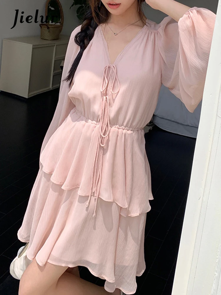 

Jielur V-neck Lace-up Ruffled Women’s Mini Dresses Pink Lantern Sleeve Solid Color Chic Fashion Female Dress Sweet Streetwear