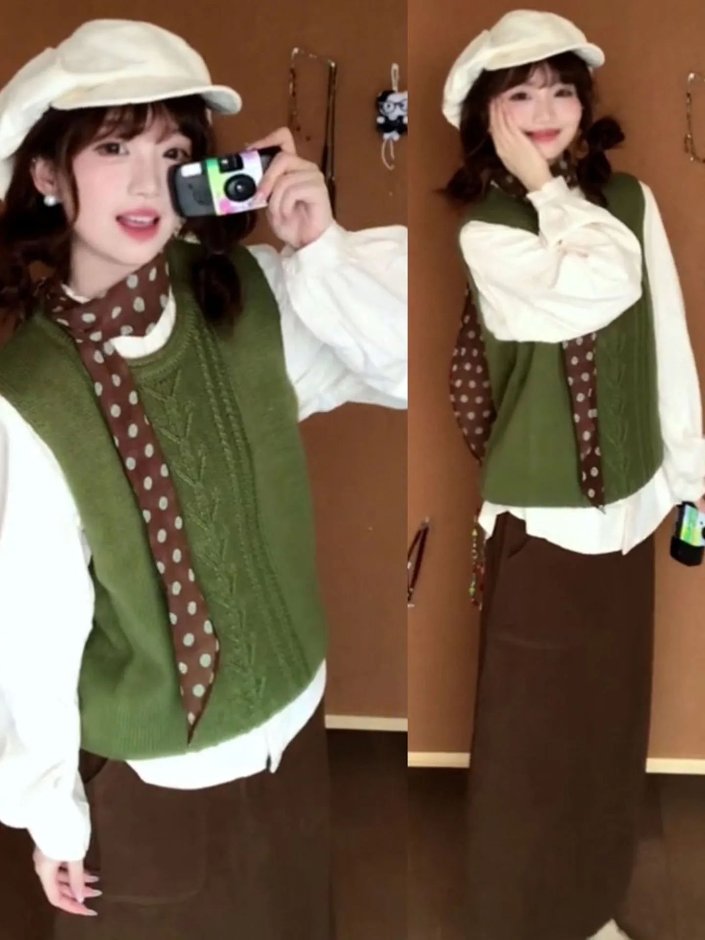 

Loose Knitted Sleeveless Vest Women's Casual Style round Neck Green Knitwear Spring Autumn Seasonal Comfortable Lazy Fashion