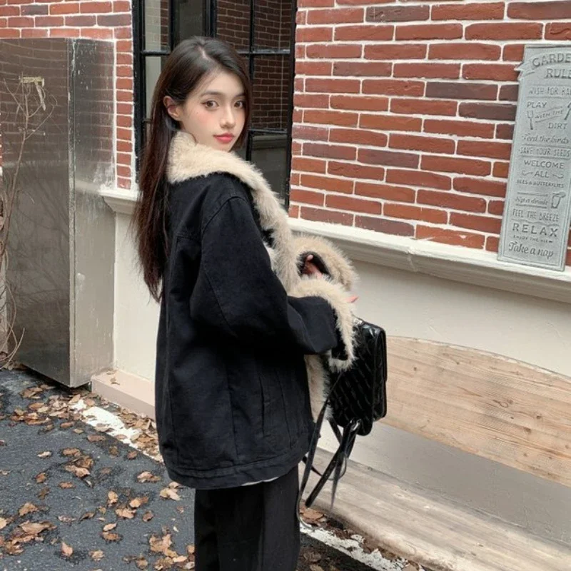 Vintage Cotton Padded Denim Coats Turn-down Collar Plush Long Sleeve Jackets 2026 Autumn Winter Casual Y2k Punk Outwears Female