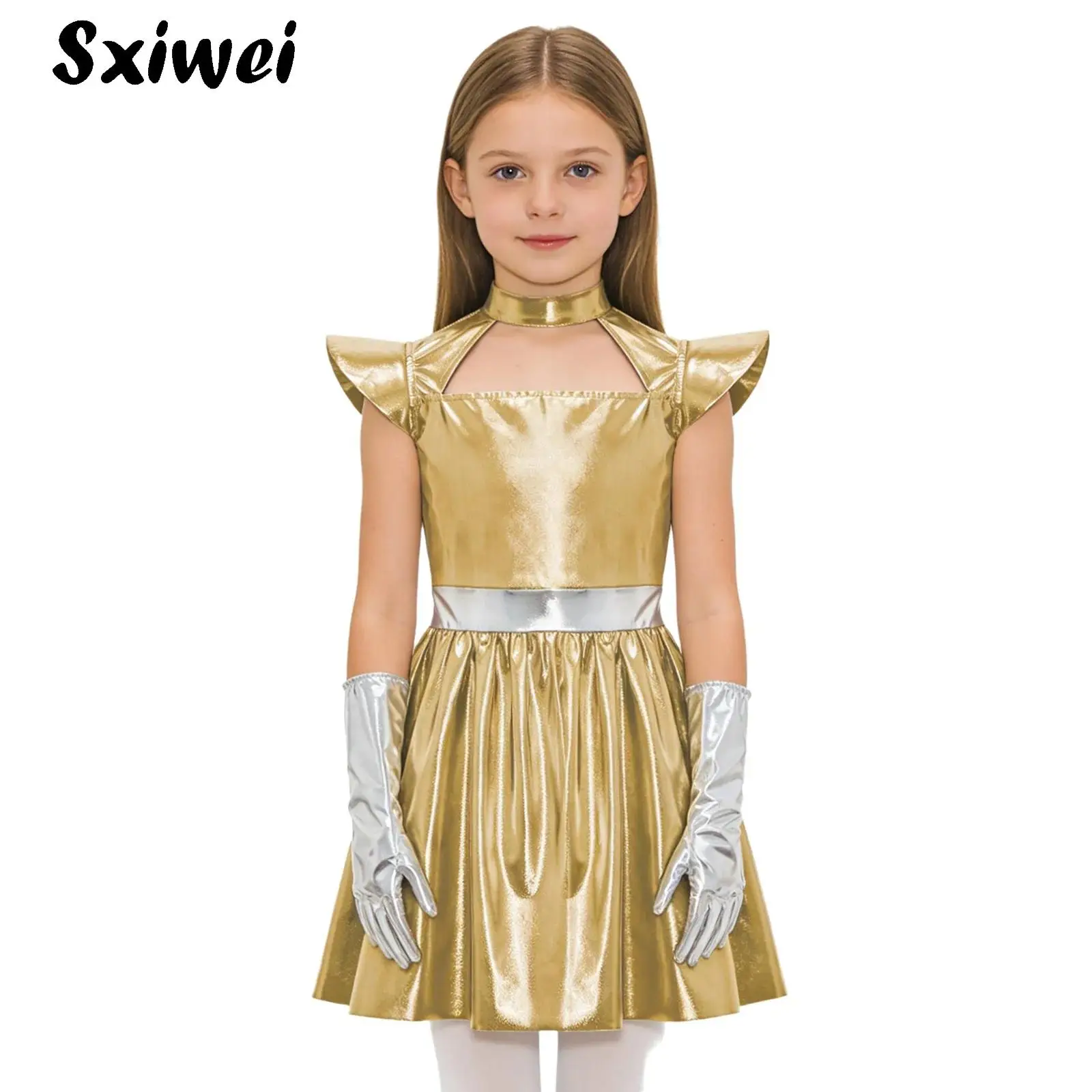 

Shiny Outerspace Astronaut Costume for Kids Girls Metallic Alien Tutu Dress with Gloves Halloween Space Robot Cosplay Dress Up