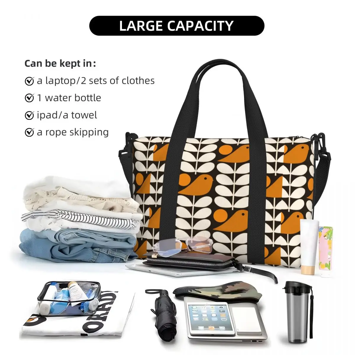 Borsa tote da spiaggia personalizzata Multistem Birds Nero Bianco Arancione Donna Orla Kiely Scandi Borse da viaggio per palestra da spiaggia con grande scomparto