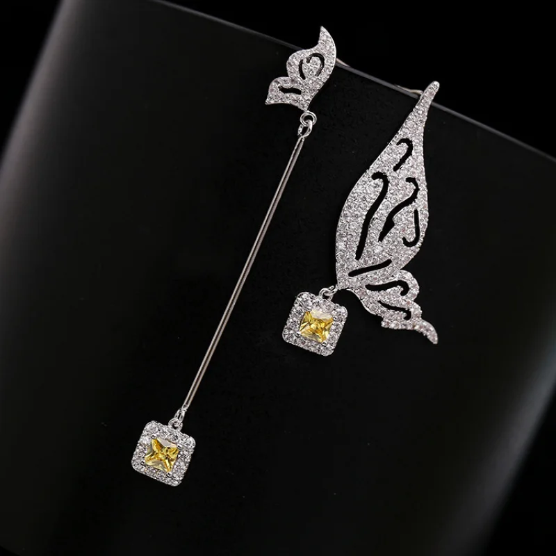 

Korean Style Elegant Yellow Diamond S925 Silver Needle Unique Design Long Wing AB Asymmetric Butterfly Earrings
