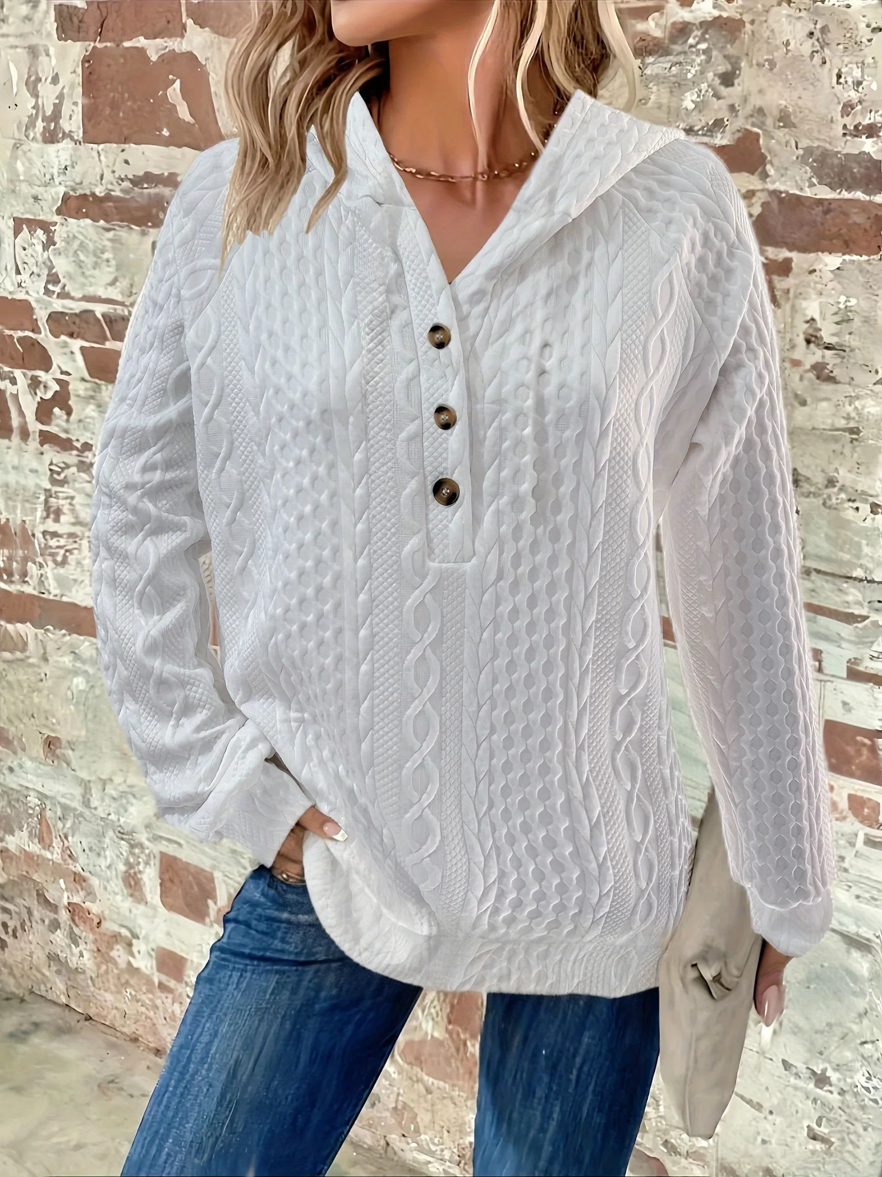 Gemütlicher Damen-Kabelstrick-Hoodie in Übergröße für mühelosen Stil und Komfort – Detail 2