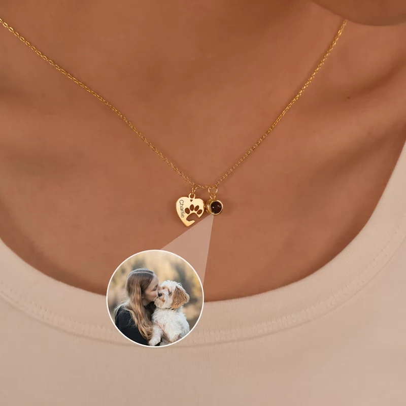 Personalized Engraved Name Picture Necklace Custom Photo Projection Necklaces Dog Cat Paw Necklace Memorial Gifts for Pet Lover
