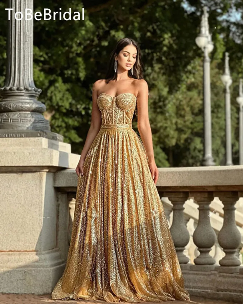 

Sparkling Gold Prom Dress Sweetheart Collar Sleeveless Formal Occasion Party Gowns Elegant Luxurious Women's Evening Dresses