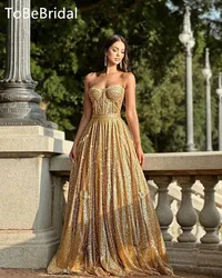 Sparkling Gold Prom Dress Sweetheart Collar Sleeveless Formal Party Gowns Elegant Luxurious Women's Evening Dresses Customized