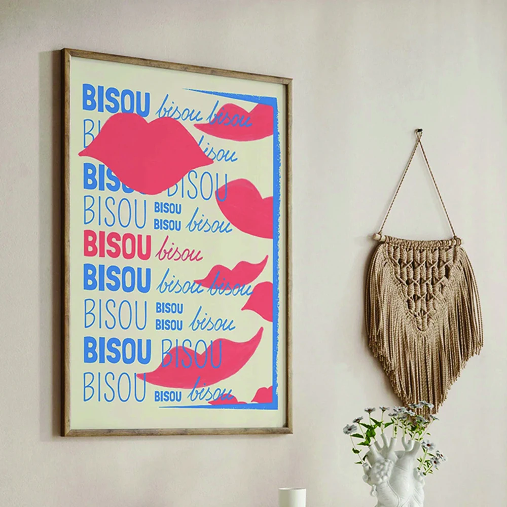 Modern Blue Red Typography Bisou Bisou Quote French Kisses Print Romantic Lips Living Room Wall Art Canvas Poster Home Decor