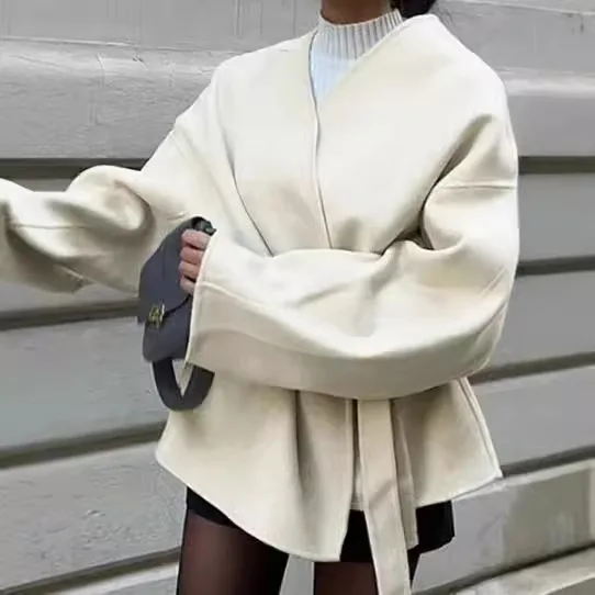 Elegant V-neck Long Sleeve Jacket Fashion Solid Color Lace-up Wool Jacket Belt Women 2025 Autumn Winter Sheepskin coat for women