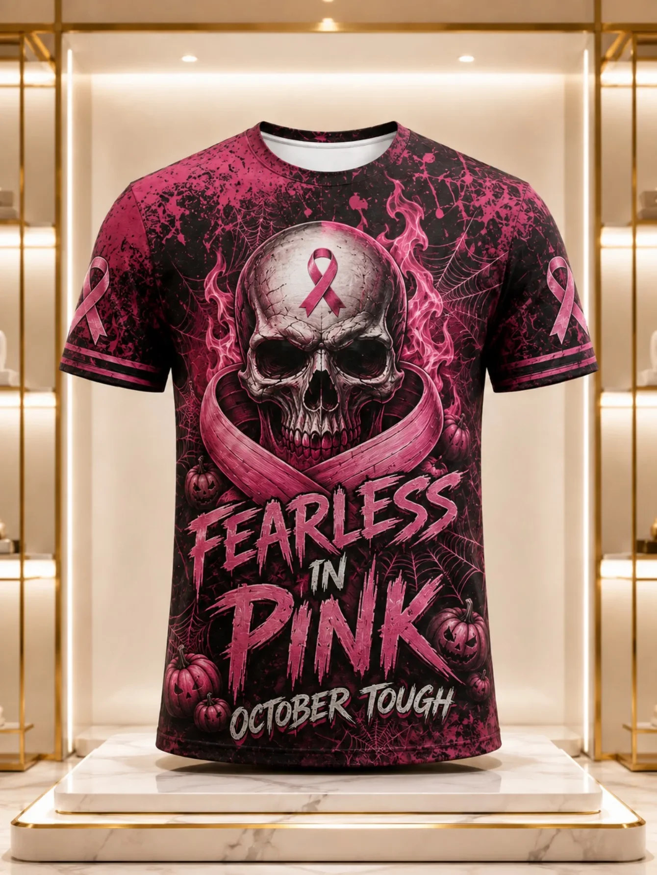 Fearless In Pink Skull Breast Cancer Awareness T Shirt Men Crew Neck Short Sleeve October Tough Y2K Gothic Casual Summer Tee Top