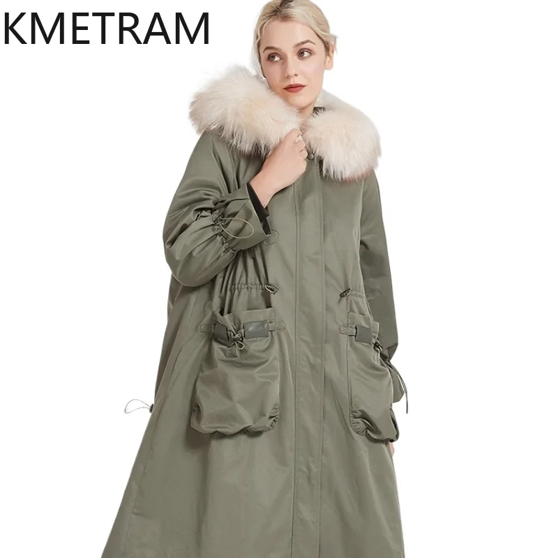 معاطف فرو أرنب ريكس الطبيعية من KMETRAM معاطف نسائية من فرو الكلب ريكون سترة طويلة 2025 ملابس شتوية دافئة بقلنسوة