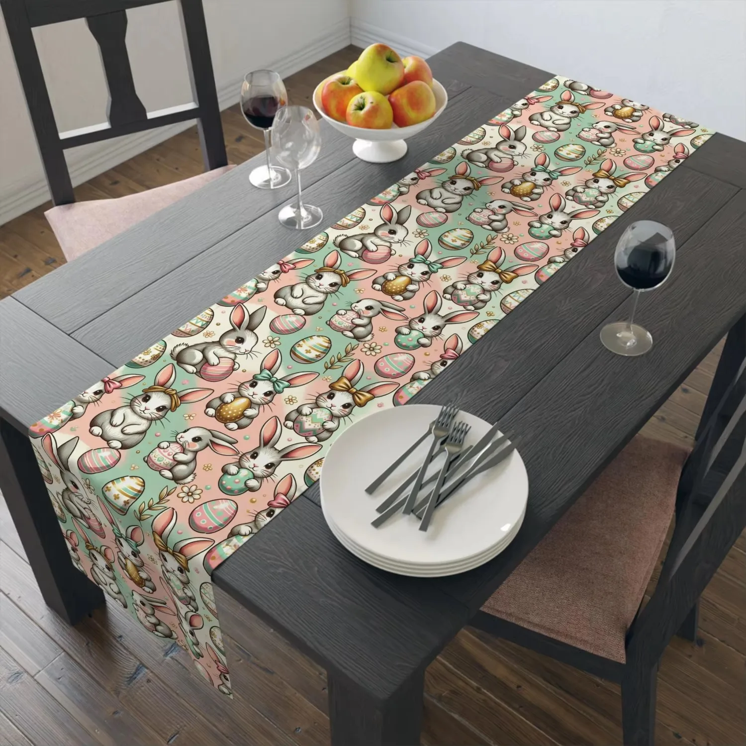Happy Easter Table Runner Bunny Spring, Farmhouse Decor Festive Tablecloth for Party and Dining Celebration