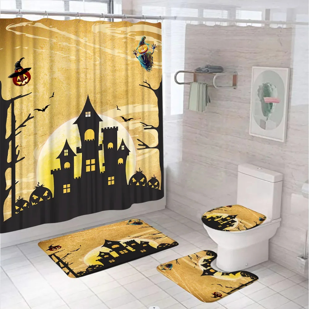 4Pcs Halloween Ghost Bat Shower Curtain Sets Pumpkin Scarecrow Cartoon Witch Hat Bath Mats Carpet Toilet Rug Bathroom Decor Home