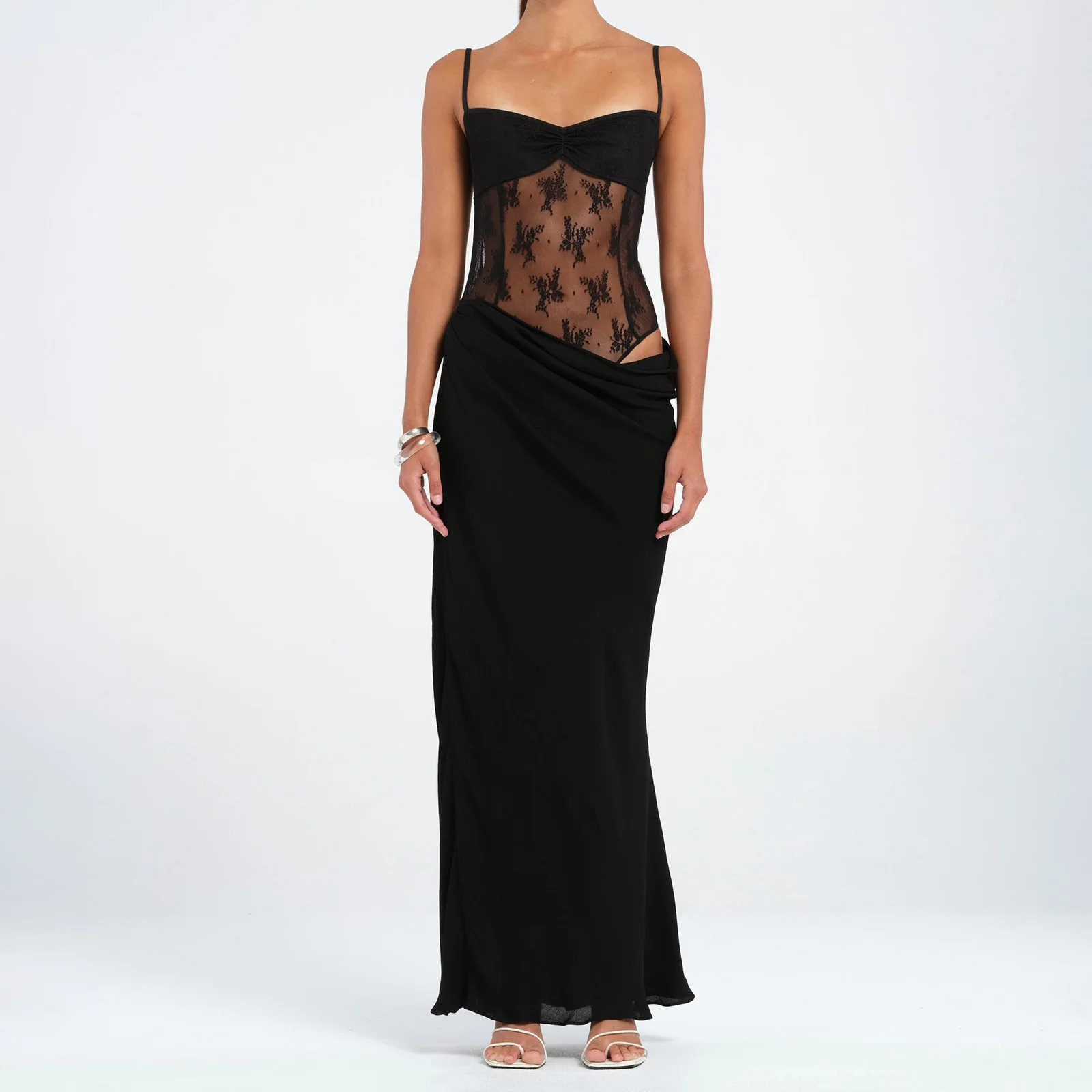 Elegant Women Patchwork Lace Cami Dress Slim Cut Out Sweetheart Neck Spaghetti Strap Backless Long Dress for Party Club