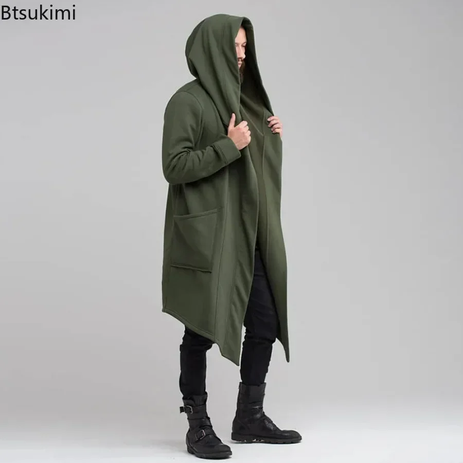 New 2024 Men' Casual Hoodie Coat Jacket Solid Cardigan Cloak Coat Open Front Warm Long Outwear Male Trench Coats Men Clothing