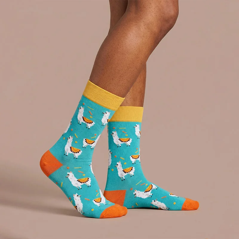 1 Pair, Unisex, Lake Blue Background with White Alpaca Pattern, Yellow and Orange Color-Blocking Heel and Toe, Polyester, Breathable, Fun, Mid-Calf Socks, Suitable for Everyday Wear - view 3