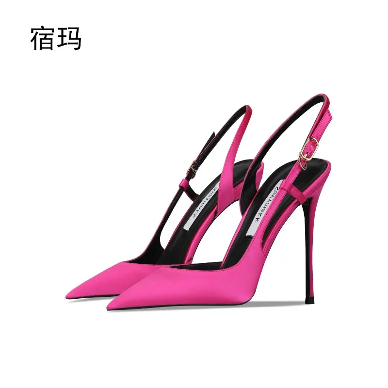 

Rose red satin back buckle sandals 2025 new thin heel bag head sexy European and American style single shoes