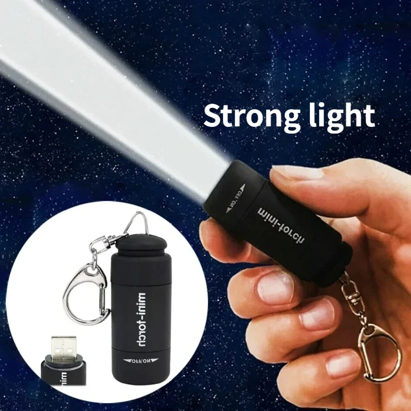 Pocket Keychain Flashlight USB Rechargeable LED Mini Torch Waterproof Outdoor Hiking Camping Multifunctional Strong Light
