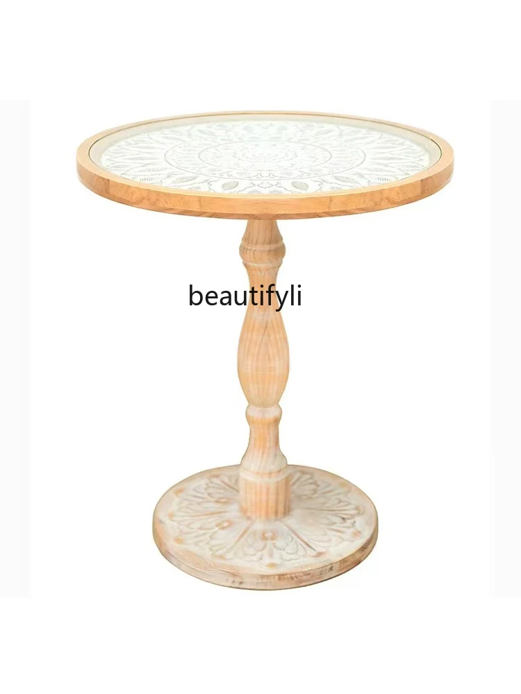 French Retro Distressed Style Solid Wood Tea Table Leisure B & B Balcony Carved Small round Table Middle Ancient Sofa Side Table