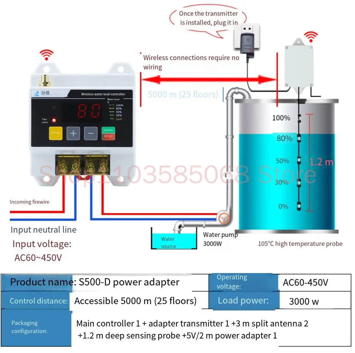 Automatic Wireless Remote Water Level Controller Pump Tank Water Tower 220V Level Remote Floating Ball Sensing