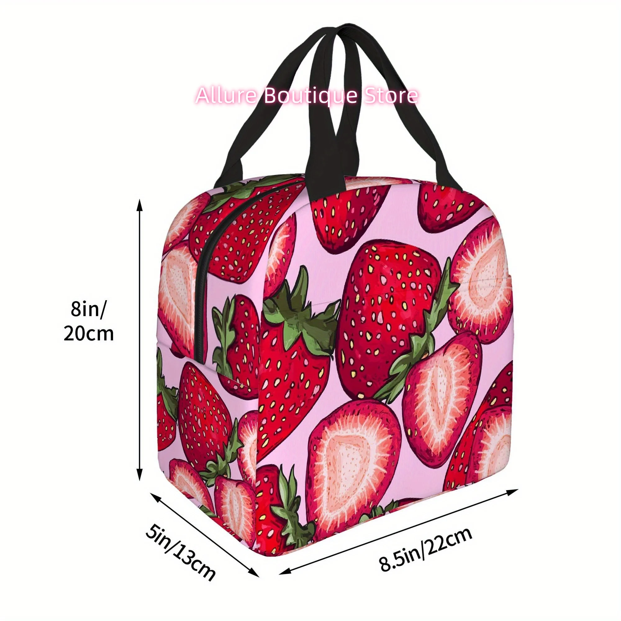 1pc, Strawberries on Pink Background Printed Thermal Bag Insulation Lunch Tote for Food Storage - Unisex Portable Reusable & Ref