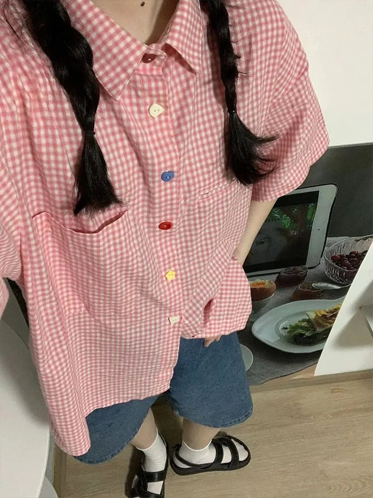 Y2k Aesthetic Pink Plaid Short Sleeve Women Blouse Loose Summer Blusas Vintage Japanese All Match Turn Down Collar Tops