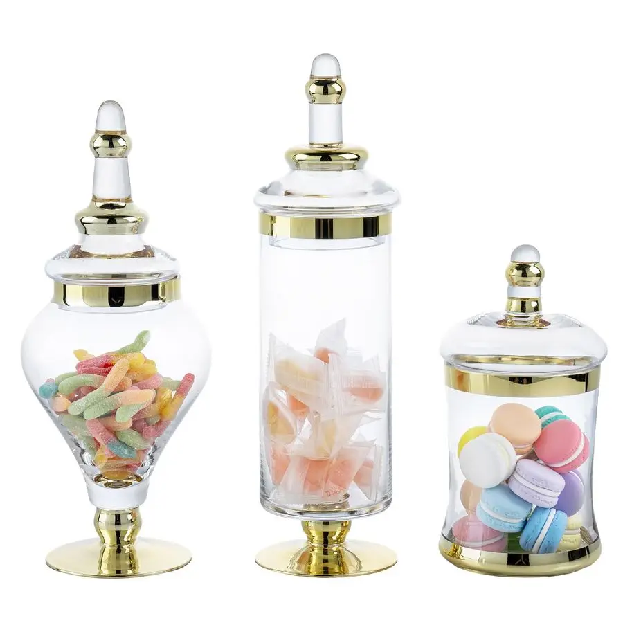 

3 Piece Set Antique Clear Glass Bathroom Apothecary Jars with Lid, Wedding Centerpiece, Kitchen Storage Jars with Metallic Brass