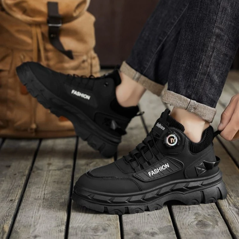 

Men's Spring and Autumn Helsea Boots High Top Leather Black Mid Calf Workwear Ankle Boots with Inner Heel Lift Shoes