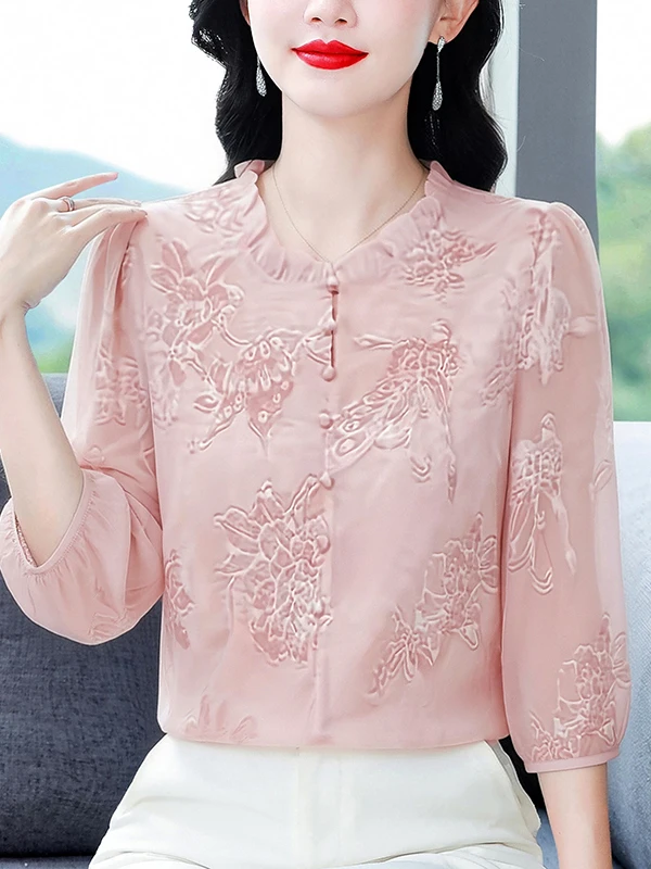 Camisa de seda para mujer, corte ajustado, estilo OL, estampado para el día a día, de seda de morera genuina de Guangdong Pun...