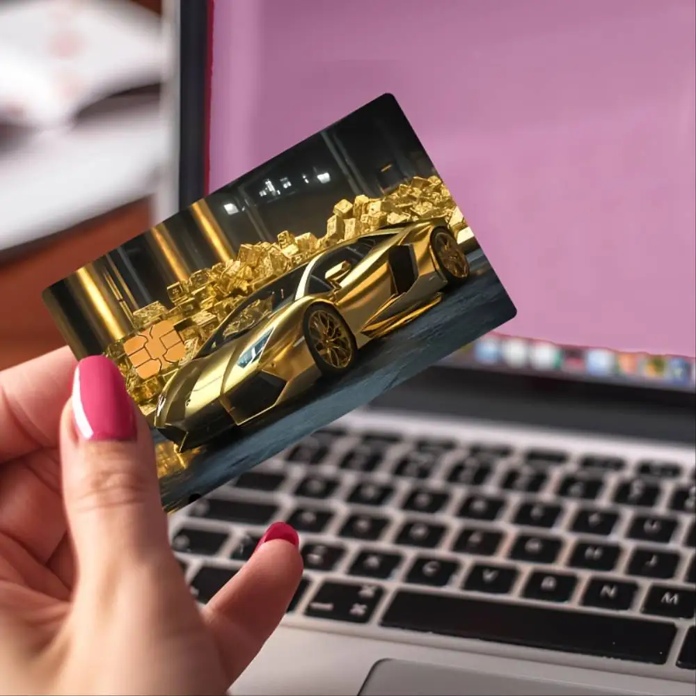 Golden Racing Car Multi Functional Credit Card Skin Sticker Casual PVC Decal For Bank Debit Transit Room Key Cards