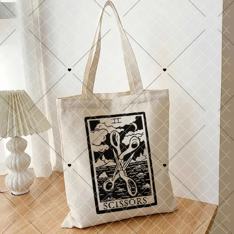 Scissors Fashion Printing Black White Sketch Beige Funny Convenient and Recyclable Shopping Handbag Tote Bag for Women Canvas