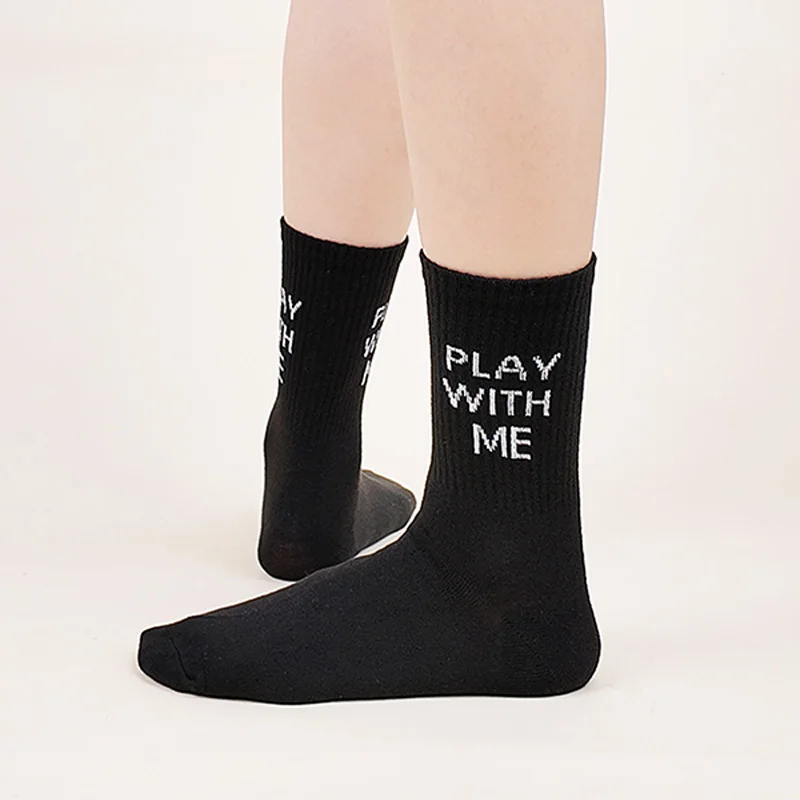 3 Pairs Women Socks Solid Black White Letters English Sweat Breathable Casual Simple Fashion Crew Socks Preppy Style Sox