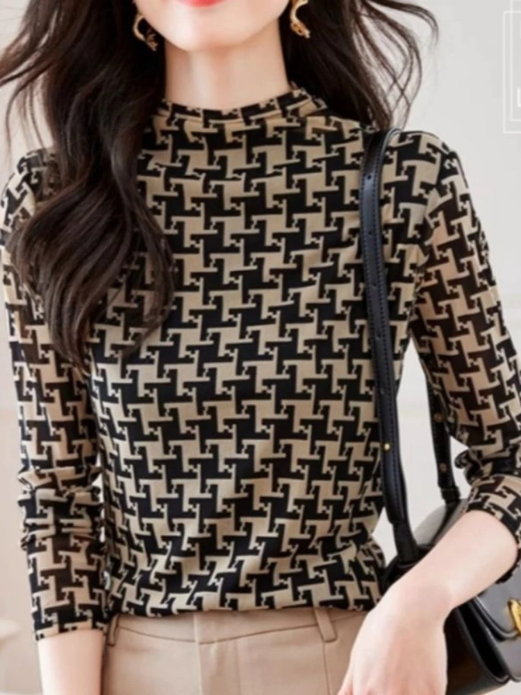 Half high neck Thousand Bird Grid casual pullover women 2026 spring new commuting long sleeved slimming versatile T-shirt