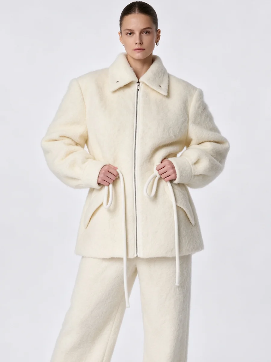 2026 Women  Shaggy Wool Blend Jacket, Lapel Collar Drawstring Waist Zip Up Loose Warm Winter Outerwear Coat