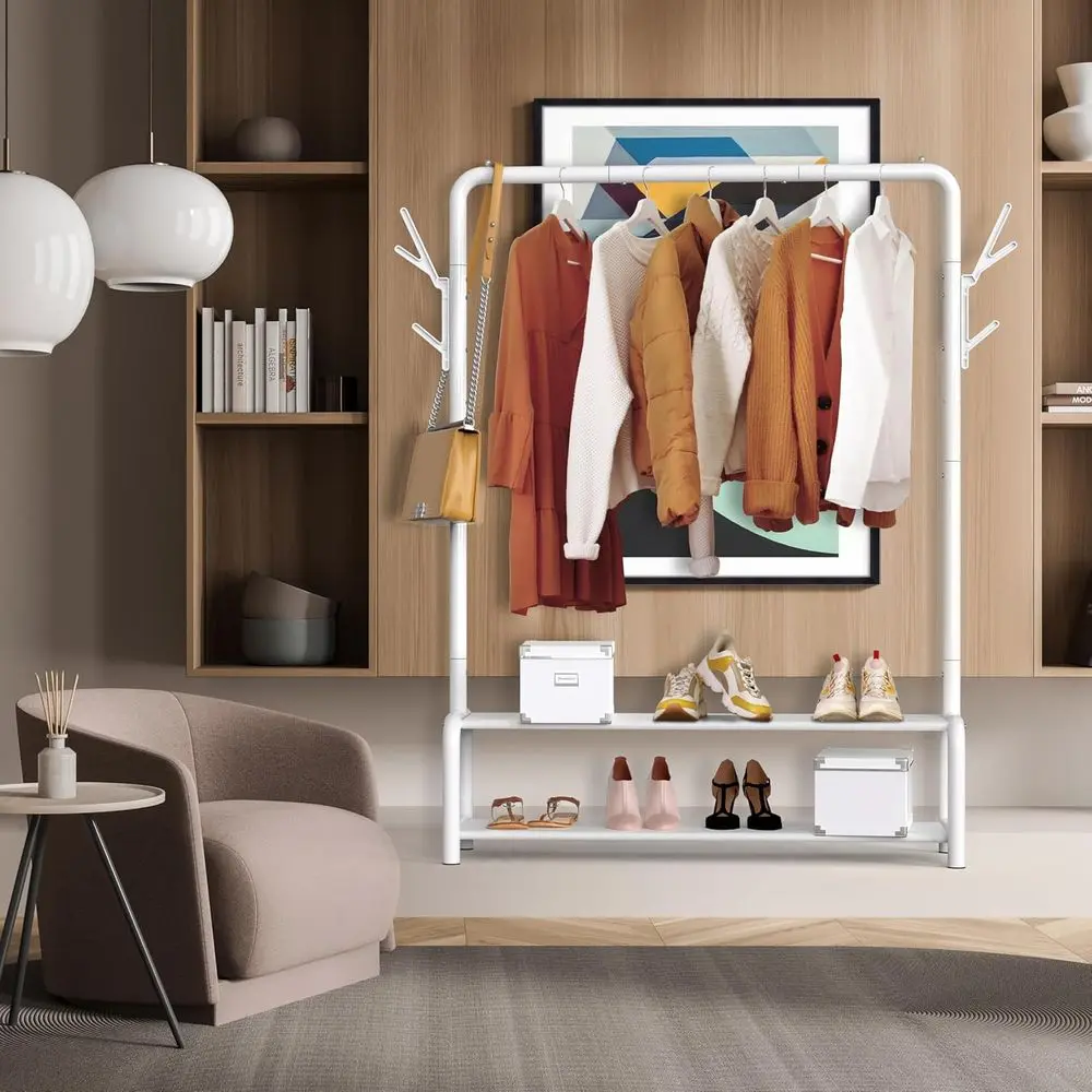Cabideiro de Chão de 52 Polegadas com Prateleiras de Armazenamento e Ganchos para Casacos/Chapéus, Branco
