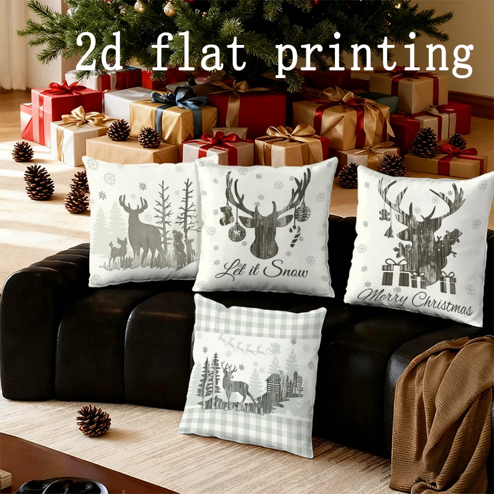 Home Decor Deer & Snow Christmas Pillow Covers Decor Pattern Cushion Cover Suitable for Sofa Bedroom Car Pillow Cover