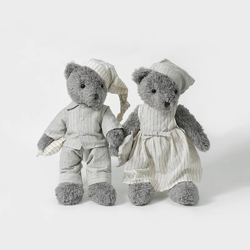 ぬいぐるみテディベアカップル、ストライプ柄パジャマとナイトキャップを着た柔らかい抱き心地の良いおもちゃ、彼女への誕生日プレゼント、家の装飾に