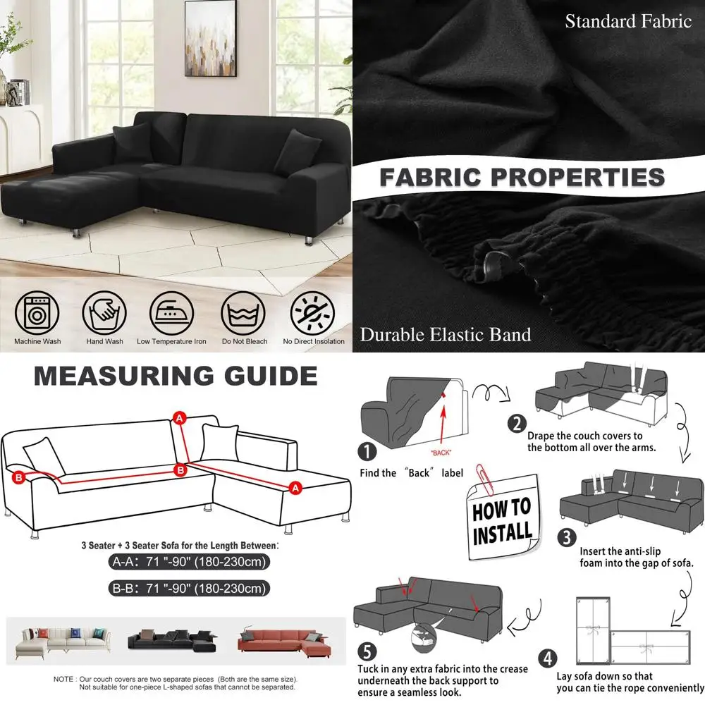 

2-Piece L-Shape Sofa Slipcover Set - Stretchy Couch Cover with Pillowcases for 3+3 Seater Black Sofa Protector