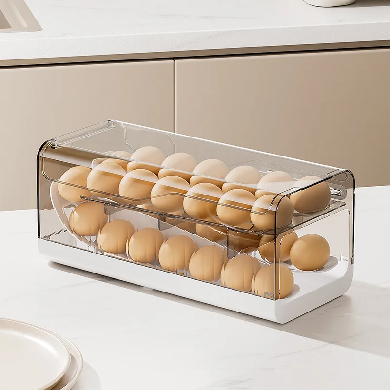 Automatic Rolling Egg Dispenser for Fridge 2-Tier Space-Saving Egg Holder Organizer Box Kitchen Clear Storage Rack
