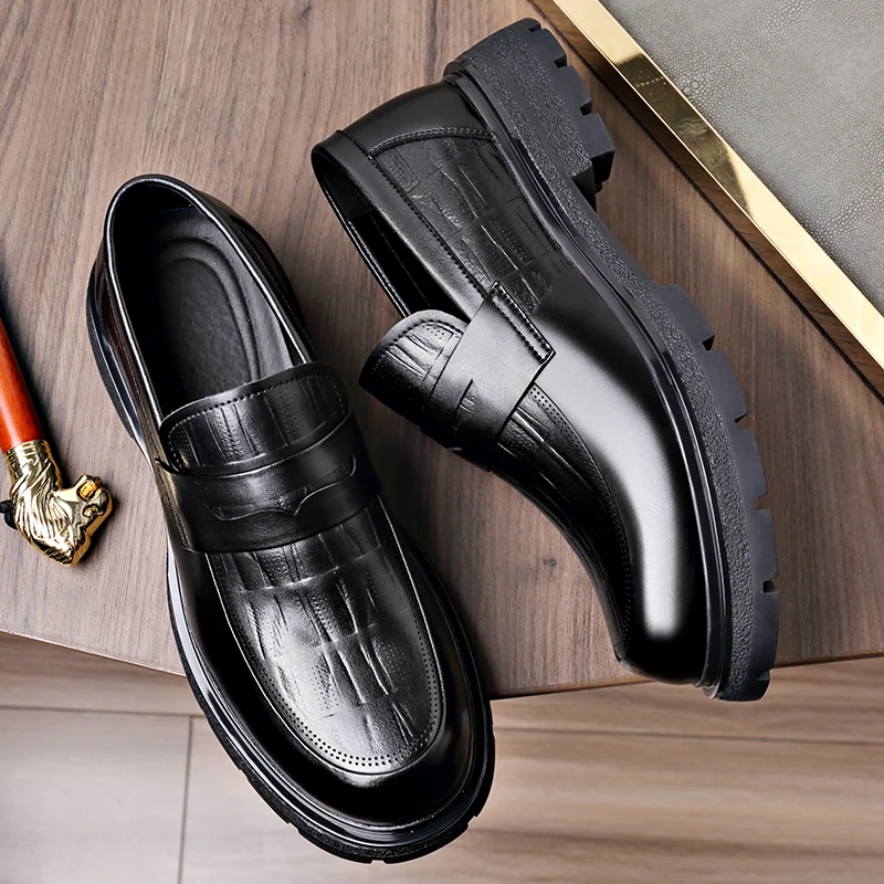 

Slip on Casual Business Men's Leather Gentleman Comfort Style Office and daily work Thick soled black height increasing shoes