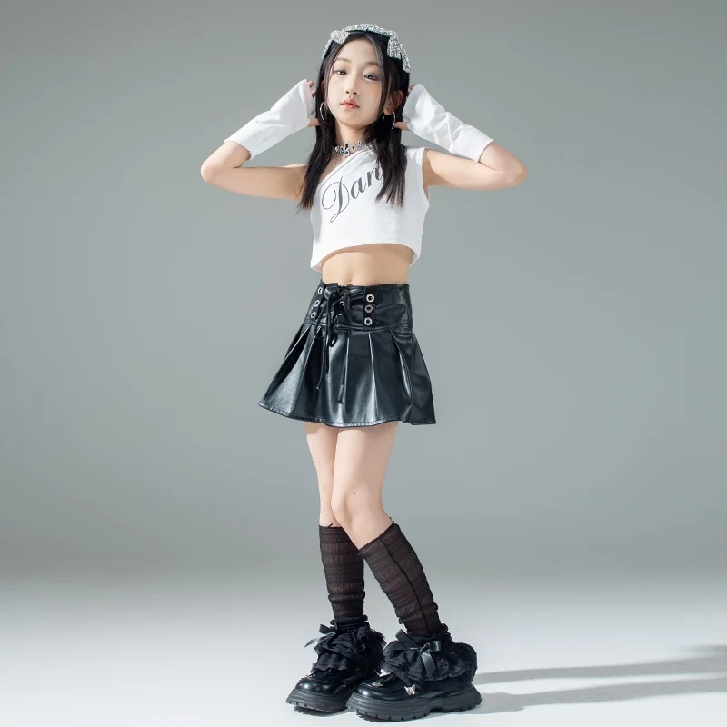 아동 의류 여름 재즈 댄스 의상 힙합 스트리트 댄스 착용 흰색 조끼 블랙 미니 스커트 소녀 Kpop 무대 복장 3383