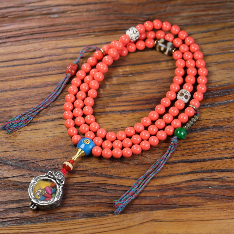 High-quality imitation coral round bead Buddhist beads multi-strand bracelet ethnic style sweater chain jewelry pendant wholesal