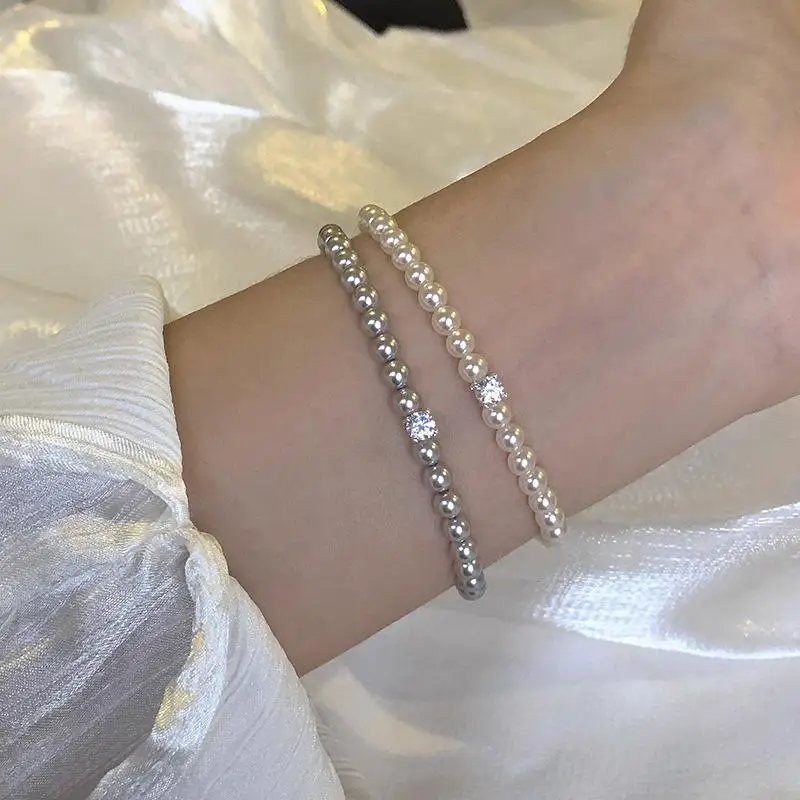 French Shiny Zircon Pearl Bracelet for Women Dainty Sparkly Beaded Jewelry for Prom Homecoming Party Gift for Teens