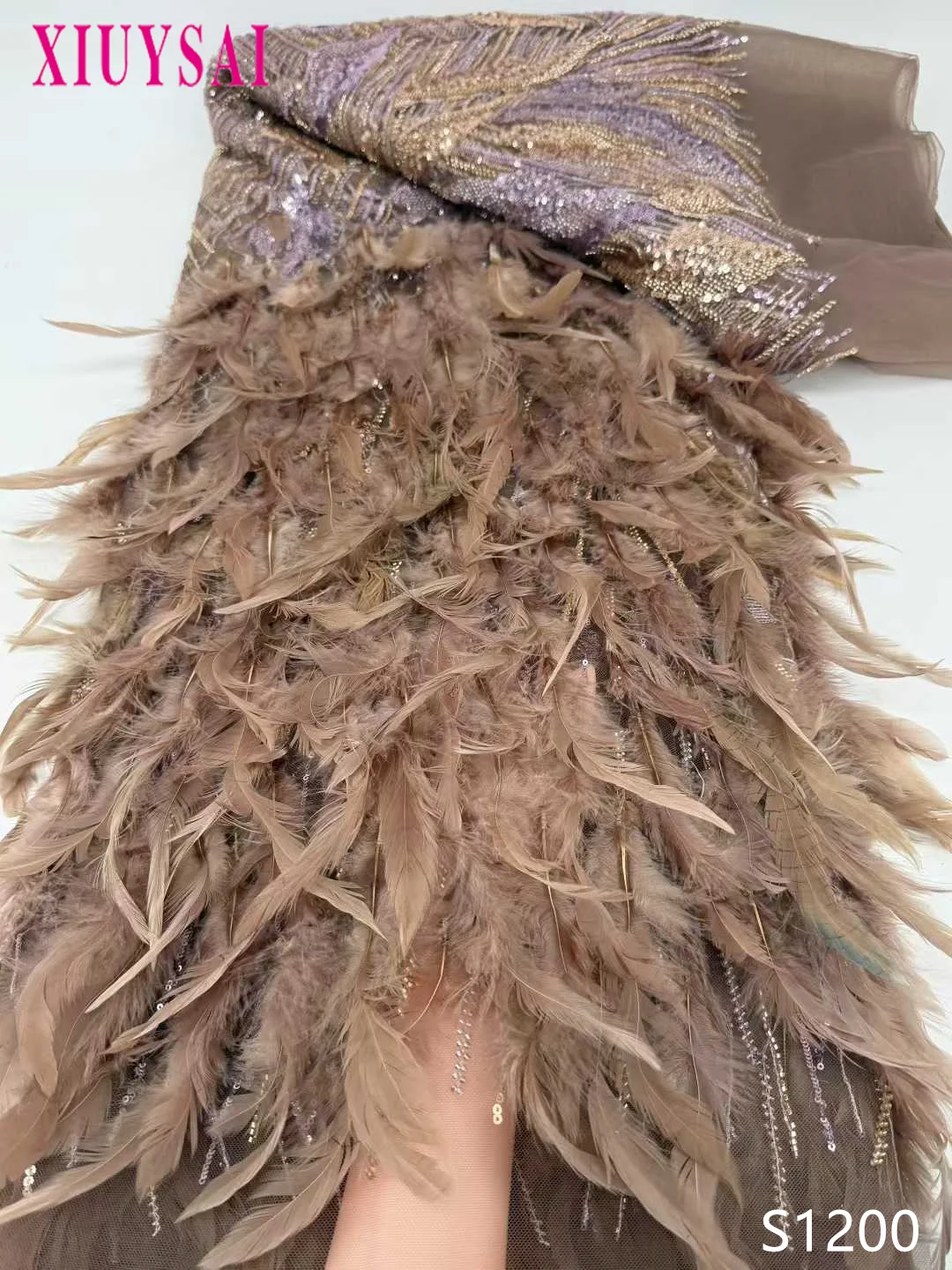 

Luxurious 3D Feather Lace Embroidery High-Quality French Nigerian Beaded Sequins Fabric for Wedding Dress African Style 2026